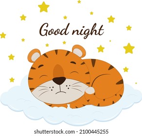 Un tigre de dibujos animados que duerme sobre las nubes. Cachorro de tigre sobre un fondo blanco. Ilustración del vector