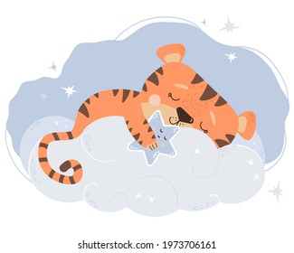 A cute tiger cub sleeps on a starry gentle blue cloud. 2022 - Year of the Tiger in Chinese or oriental. Vector illustration. Baby animal concept for nursery, design, decoration, postcards and prints