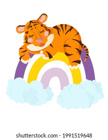 A cute tiger cub sleeps on a rainbow. The concept of baby products in the first months of life. 2022 is the year of the tiger.
Cute kids character for poster, postcard, pajamas