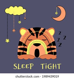 Cute tiger cub sleeps sweetly under the moon and cloud. Orange animal with decor on blue background, vector illustration.

