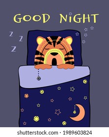 A cute tiger cub sleeps sweetly under  blanket. Orange face with a pattern on  blue background, vector illustration isolated, with an inscription quote. Baby print concept.
