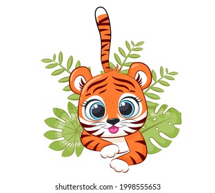Cute tiger cub smiles. Cartoon vector illustration.
