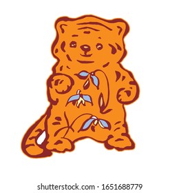 Cute tiger cub with snowdrops. Vector illustration. Isolated on white.