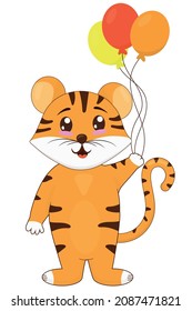 lindo cachorro tigre de pie con globos, símbolo del nuevo año 2022, ilustración vectorial en estilo plano aislado en fondo blanco