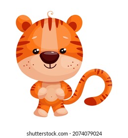 Un tigre lindo está parado y sonriendo. El símbolo de 2022. Gráficos vectoriales de dibujos animados.