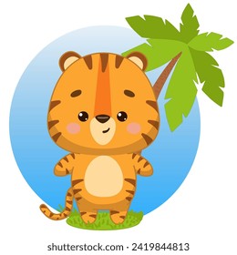 A cute tiger cub stands near a palm tree. A tiger cub stands under a palm tree. Tiger cub in kawaii style. Vector illustration of drawings, prints and patterns. Isolated on white background