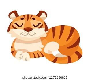 Cute Tiger Cub with Striped Orange Fur Sitting Vector Illustration