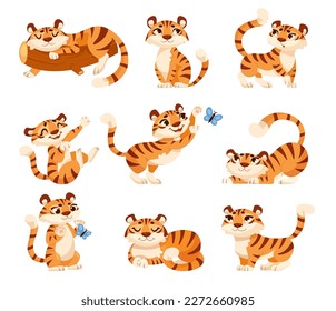 Cute Tiger Cub with Striped Orange Fur in Different Pose Vector Set