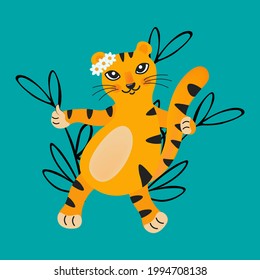 Cute tiger cub symbol of 2022. Cheerful character with a wreath on his head shows thumbs up. Adorable wild animals. Bright vector illustration for calendar, postcard, poster, baby fabric.
