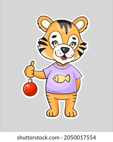 Cute tiger cub symbol of the year greeting card. Vector illustration.