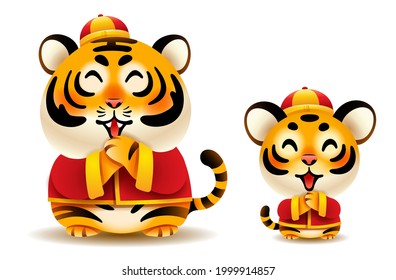 Cute tiger and tiger cub with traditional Chinese costume greeting Gong Xi Gong Xi. Isolated. Translation - Good fortune.