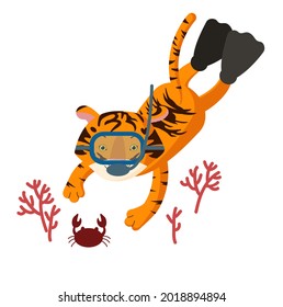 A cute tiger cub in an underwater mask swims in the Karall reefs. Summer vacation concept illustration. The symbol of the new year. 2022 Chinese calendar. Tiger 2022 new year