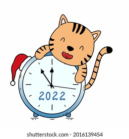 Cute tiger cub and watch. Symbol of year 2022. Vector illustration for holiday of Christmas and new year.
