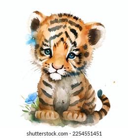 Cute tiger cub watercolor illustration, baby tiger vector art design, cartoon funny kitten character