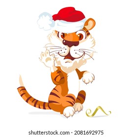 Cute tiger cub waves his paw and says hello.
 Adorable Wild Animal Cartoon Character. Happy Chinese new year greeting card. 2022 Tiger zodiac.Vector Illustration For children, decor, banner, emblem