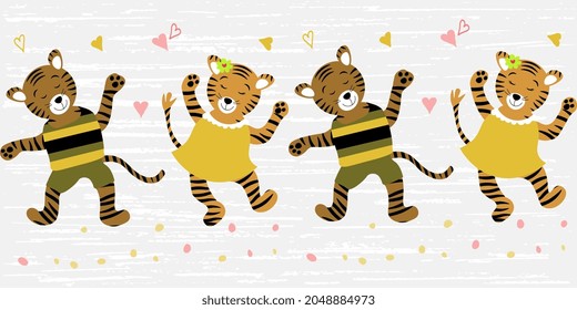 Cute tiger cubs characters dance on a bluish background with texture, hearts around. Vector horizontal drawing for funny cards, holiday.