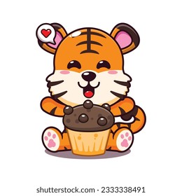 cute tiger with cup cake cartoon vector illustration.