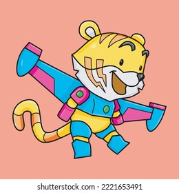 cute tiger cyborg flying with big smile