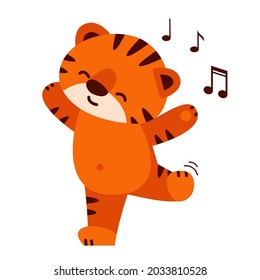 A cute tiger dances to the music. Vector illustration in cartoon style. Isolated on a white background.