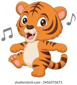 Cute Tiger Dancing Cartoon Vector Illustration. Animal Nature Icon Concept Isolated Premium Vector