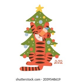 Cute Tiger decorating the christmas tree, Animal symbol of 2022 year. New year mascot. Hand drawn vector flat character isolated on white background