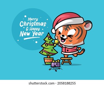 A CUTE TIGER IS DECORATING A CHRISTMAS TREE TO CELEBRATING CHRISTMAS EVE.
