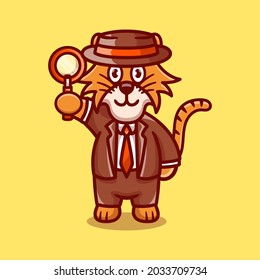 cute tiger detective carrying a magnifying glass