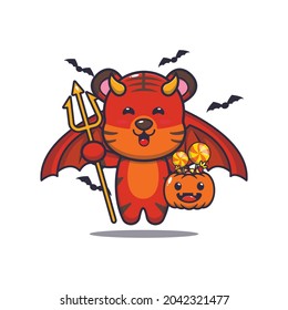 cute tiger devil carrying pumpkin halloween