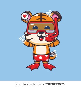 Cute tiger diving cartoon mascot character illustration. Cute summer cartoon illustration. 