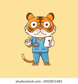 Cute tiger doctor medical personnel chibi character mascot icon flat line art style illustration concept cartoon set
