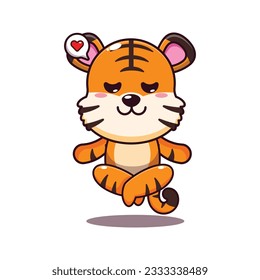 cute tiger doing meditation yoga cartoon vector illustration.