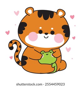 Cute tiger doll hug tiny frog with heart.Reptile and wild animal character cartoon design.Image for sticker,baby clothing,stationary.Kawaii.Vector.Illustration.