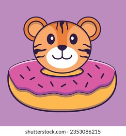 Cute tiger with a donut on his neck. Animal cartoon concept isolated. Can used for t-shirt, greeting card, invitation card or mascot