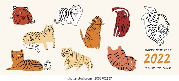 Cute Tiger doodle vector set. Cartoon Tiger characters design collection with flat color in different poses. Happy Chinese new year greeting card 2022 with cute tiger. 