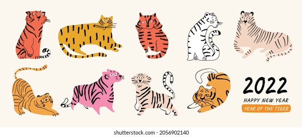 Cute Tiger doodle vector set. Cartoon Tiger characters design collection with flat color in different poses. Happy Chinese new year greeting card 2022 with cute tiger. 