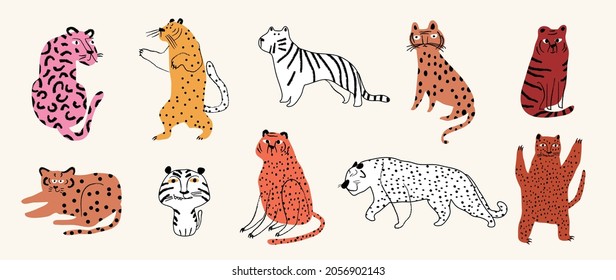 Cute Tiger doodle vector set. Cartoon Tiger characters design collection with flat color in different poses. Happy Chinese new year greeting card 2022 with cute tiger. 