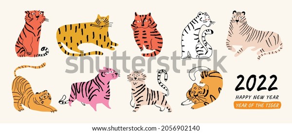 Cute Tiger doodle vector set.\
Cartoon Tiger characters design collection with flat color in\
different poses. Happy Chinese new year greeting card 2022 with\
cute tiger. 