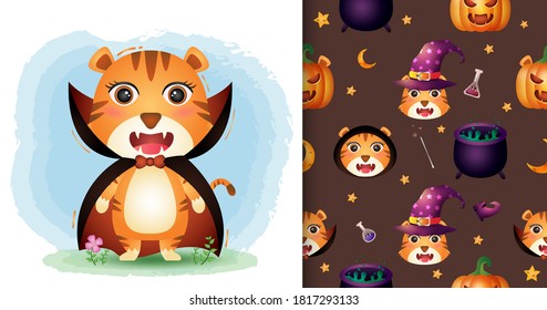 a cute tiger with dracula costume halloween character collection. seamless pattern and illustration designs