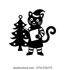 Un lindo tigre vestido como Santa leyendo una historia de árbol de Navidad, difundiendo alegría navideña, magia festiva y espíritu de Navidades alegres.