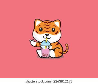 Cute Tiger drink Boba Vector Design