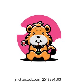 Cute tiger drink coffee cartoon