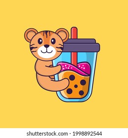 Cute tiger Drinking Boba milk tea. Animal cartoon concept isolated. Can used for t-shirt, greeting card, invitation card or mascot.