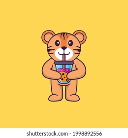 Cute tiger Drinking Boba milk tea. Animal cartoon concept isolated. Can used for t-shirt, greeting card, invitation card or mascot.