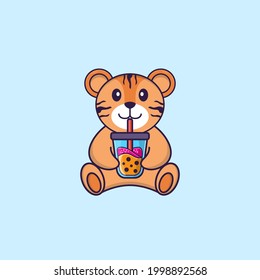 Cute tiger Drinking Boba milk tea. Animal cartoon concept isolated. Can used for t-shirt, greeting card, invitation card or mascot.