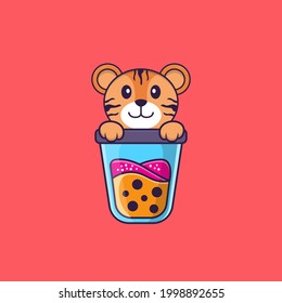 Cute tiger Drinking Boba milk tea. Animal cartoon concept isolated. Can used for t-shirt, greeting card, invitation card or mascot.