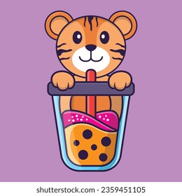 Cute tiger Drinking Boba milk tea. Animal cartoon concept isolated. Can used for t-shirt, greeting card, invitation card or mascot