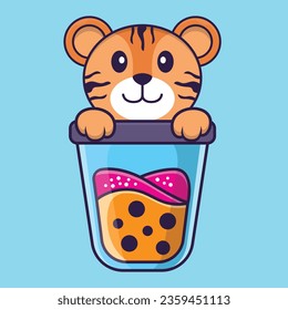 Cute tiger Drinking Boba milk tea. Animal cartoon concept isolated. Can used for t-shirt, greeting card, invitation card or mascot