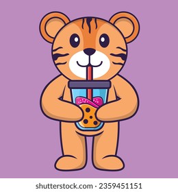 Cute tiger Drinking Boba milk tea. Animal cartoon concept isolated. Can used for t-shirt, greeting card, invitation card or mascot.