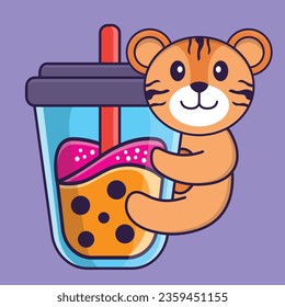 Cute tiger Drinking Boba milk tea. Animal cartoon concept isolated. Can used for t-shirt, greeting card, invitation card or mascot.