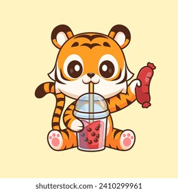 Cute Tiger Drinking Boba Milk Tea With Sausage Cartoon
Vector Icon Illustration. Animal Drink Icon Concept Isolated
Premium Vector. Flat Cartoon Style